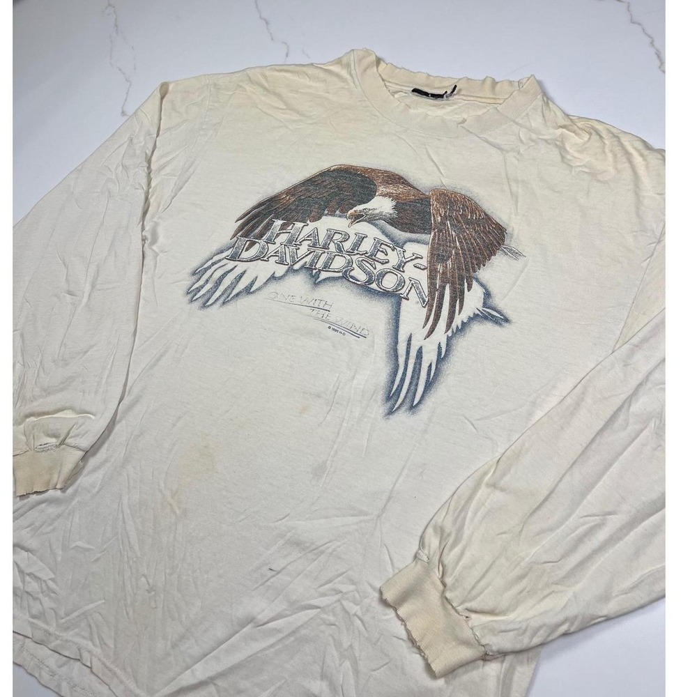 Harley Davidson Long Sleeve Shirt Mens Cream Vintage 90s Eagle Las Vegas Graphic